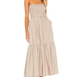 L'Academie The Nour Spaghetti Strap Smocked Tiered Maxi Dress Pocket Beige